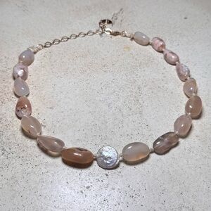 Ariana Ost Organic Stone Necklace w/ Baroque Pearl Center